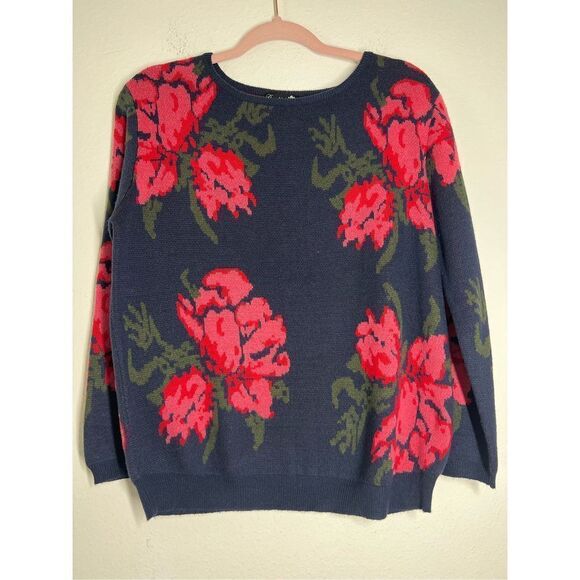 Danity  Blue & Red Floral Ribbed-Trim Crewneck Sweater - Women Size M 5% Angora - Picture 1 of 9